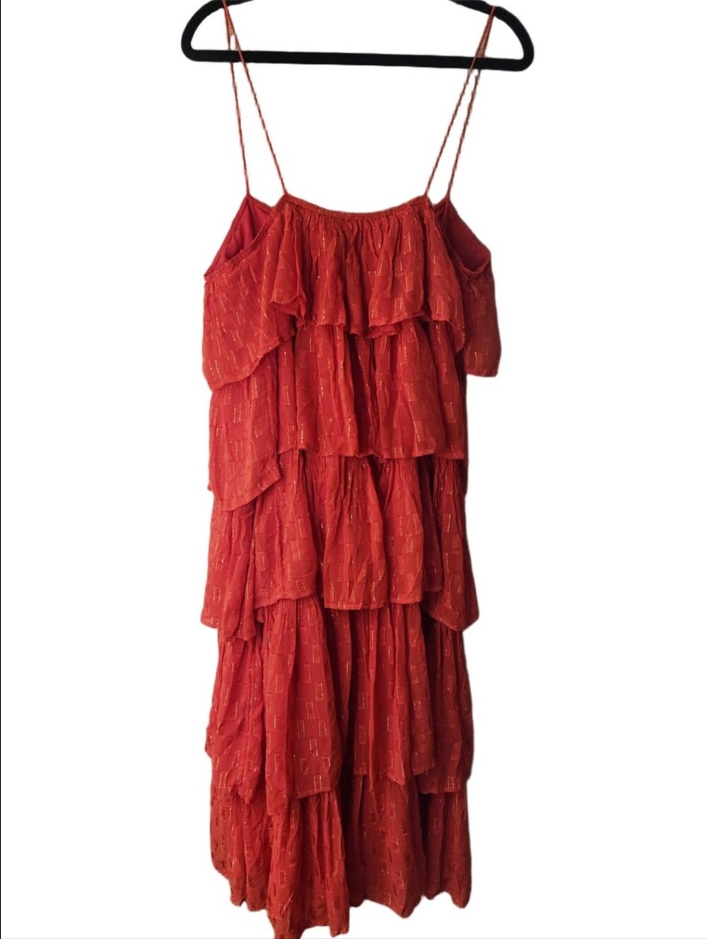 Anthropologie Red Tiered Ruffle Midi Dress with Gold Accents Size Large - Picture 7 of 12